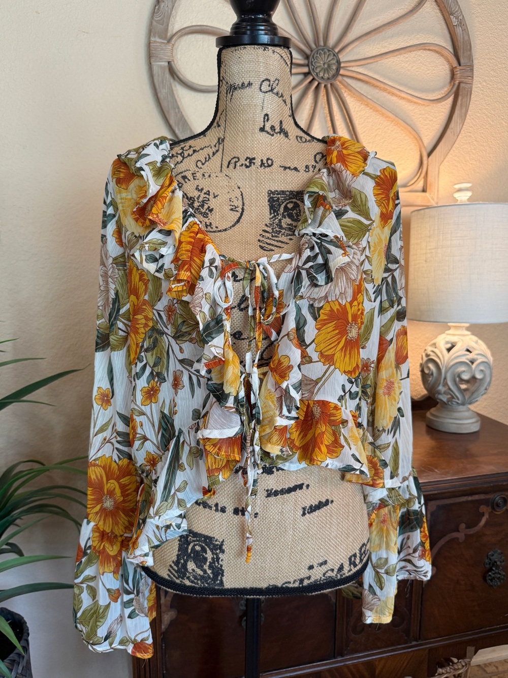 L.I.F.E. Women’s Floral Ruffle Tie-Front Blouse — Yellow Floral